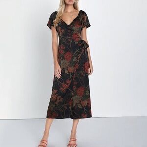 Lulus Subtle Elegance Black Floral Print Faux Wrap Midi Dress size small